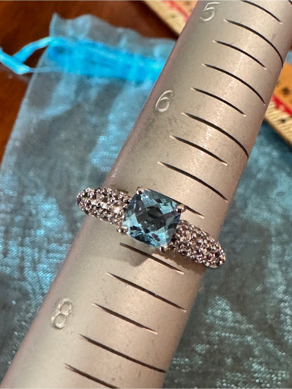 925 Sterling Silver Blue Cushion-Cut Aquamarine Ring with Pavé Band